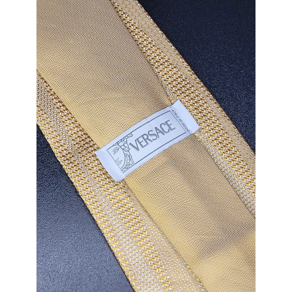 Versace Silk Tie Gold Textured Geometric Stripe Medusa Made Italy 3.75